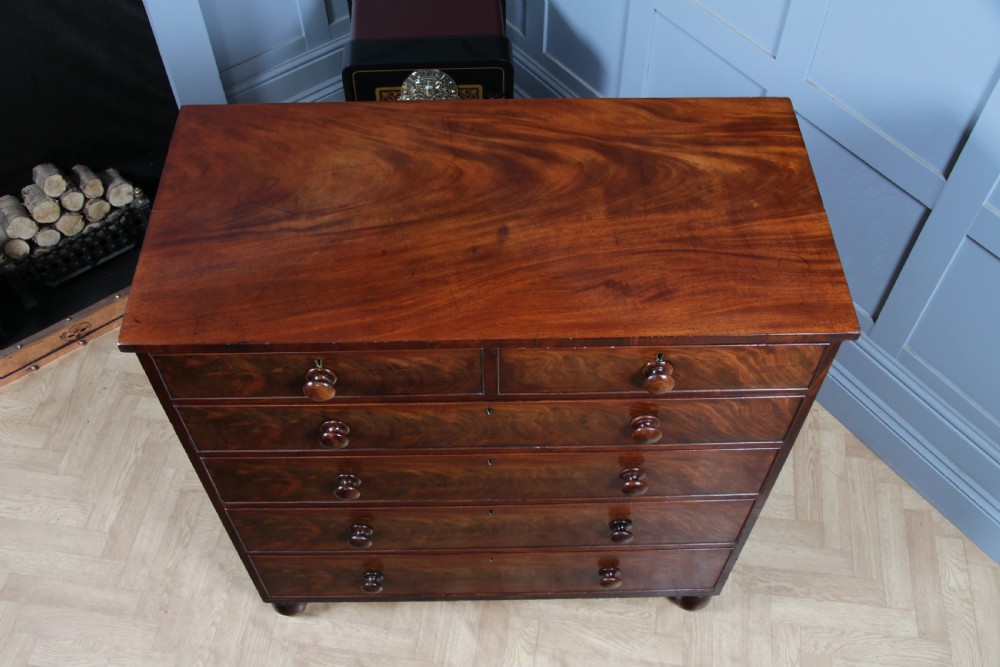 Original Antique Early Victorian Flame Grain Mahogany Chest Bank of 6 Drawers View XI