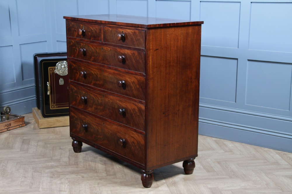 Original Antique Early Victorian Flame Grain Mahogany Chest Bank of 6 Drawers View XIV