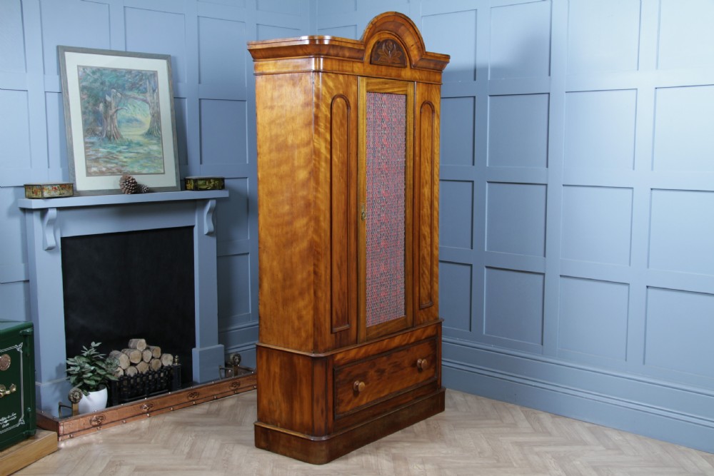 Original Antique Victorian Satin Birch Curved Front Small Single Wardrobe C1880 View XV