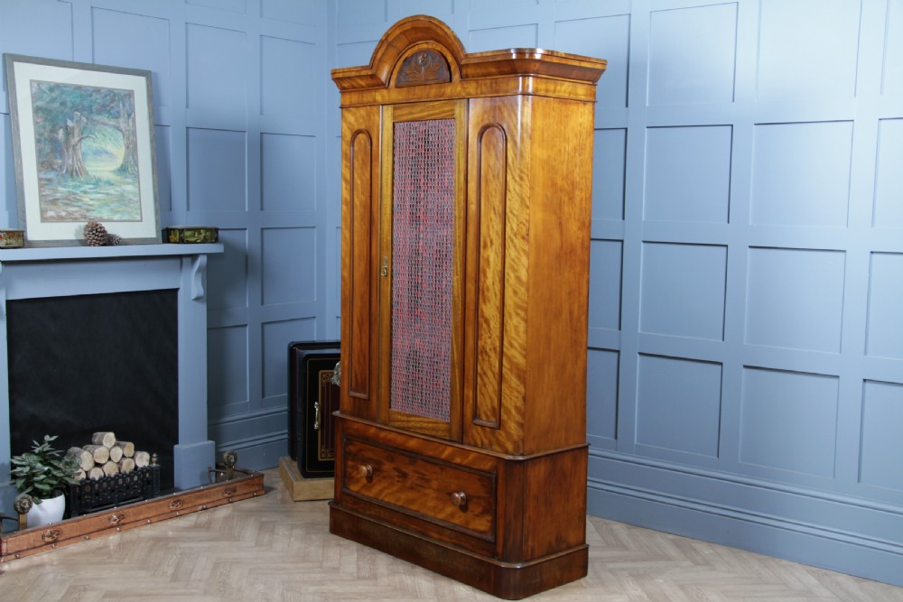 Original Antique Victorian Satin Birch Curved Front Small Single Wardrobe C1880 View XVI