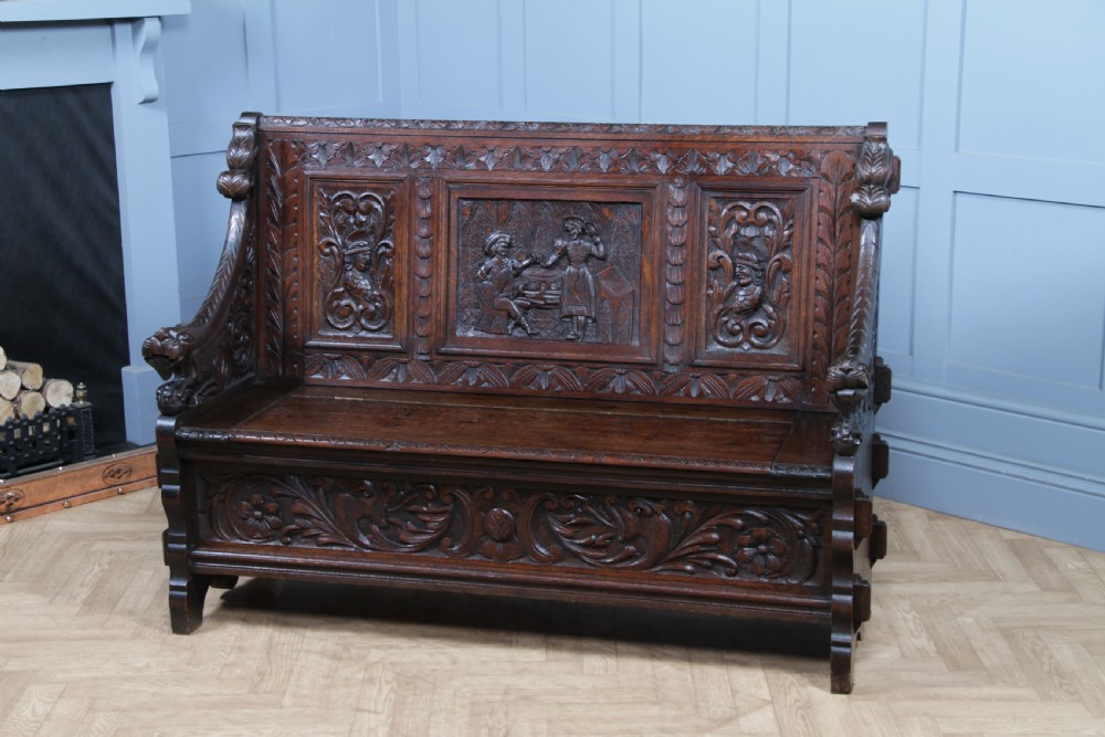 Antique 19th Century Solid Oak Green Man Carved Monks Bench Hall Settle C1890