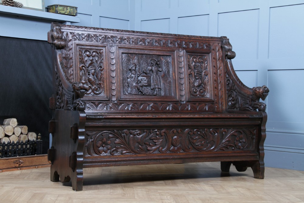 Antique 19th Century Solid Oak Green Man Carved Monks Bench Hall Settle C1890 View II