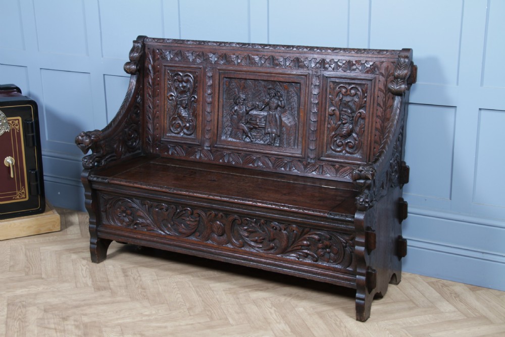 Antique 19th Century Solid Oak Green Man Carved Monks Bench Hall Settle C1890 View III