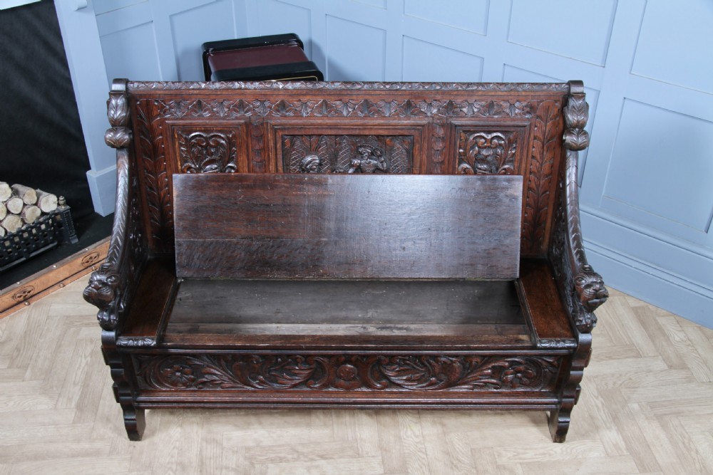 Antique 19th Century Solid Oak Green Man Carved Monks Bench Hall Settle C1890 View IV
