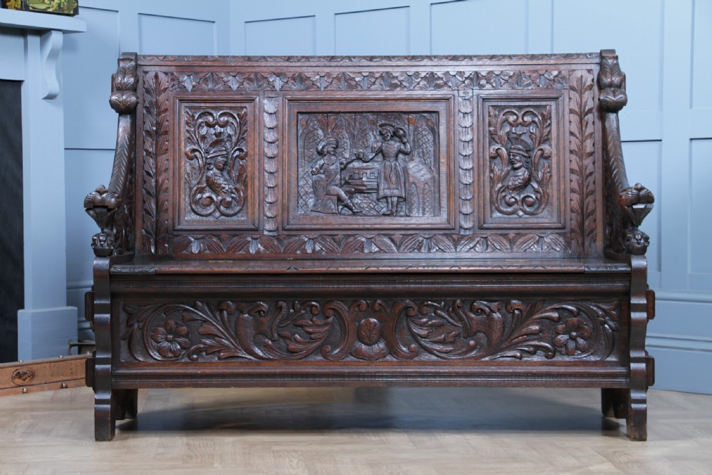 Antique 19th Century Solid Oak Green Man Carved Monks Bench Hall Settle C1890 View V