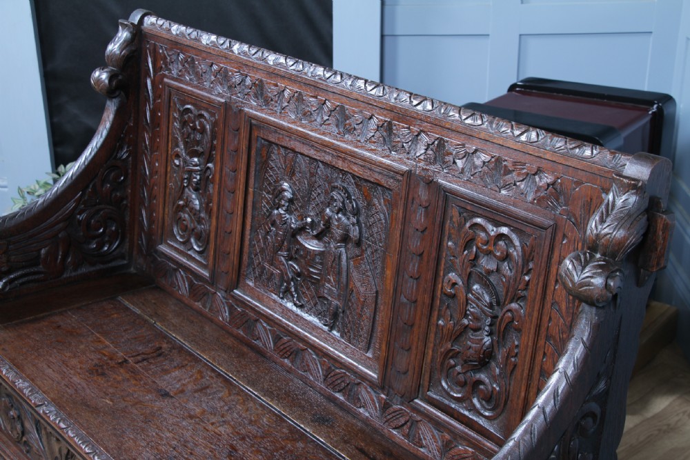 Antique 19th Century Solid Oak Green Man Carved Monks Bench Hall Settle C1890 View VI