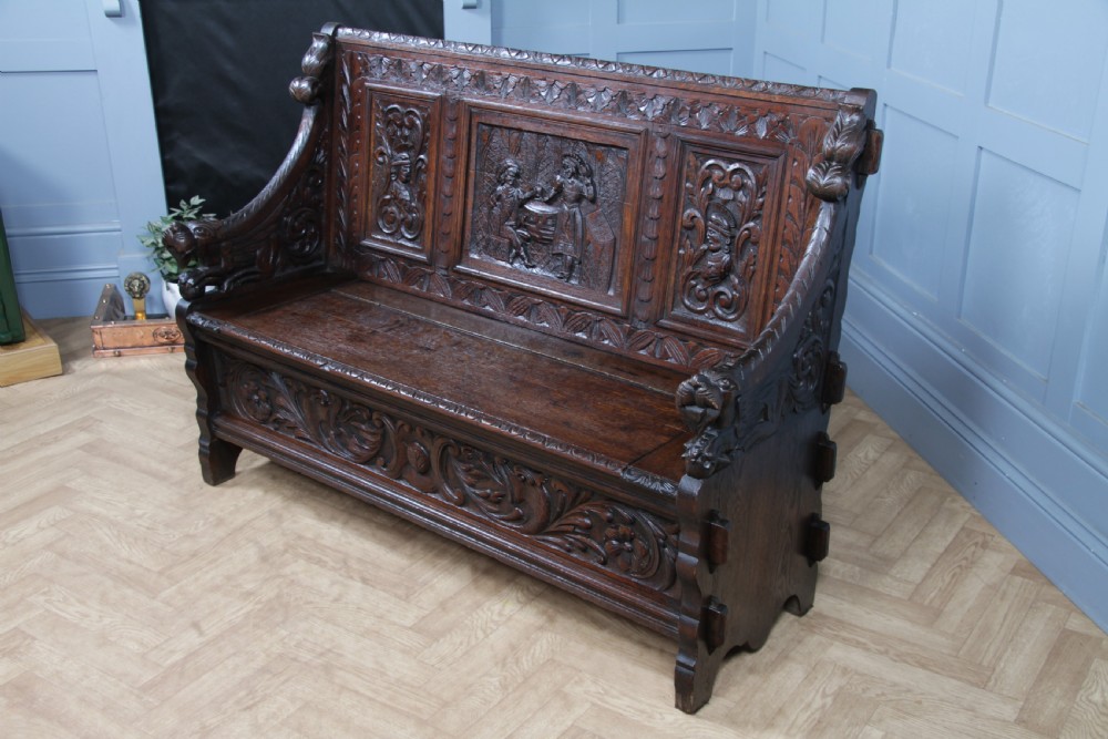 Antique 19th Century Solid Oak Green Man Carved Monks Bench Hall Settle C1890 View VII