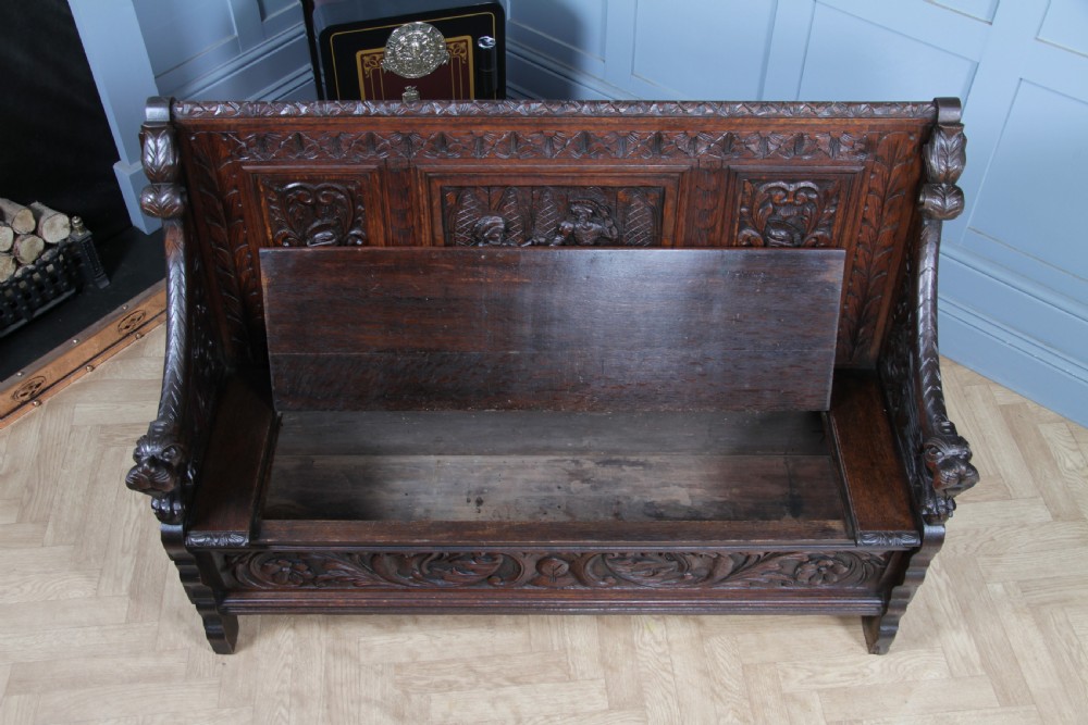 Antique 19th Century Solid Oak Green Man Carved Monks Bench Hall Settle C1890 View VIII