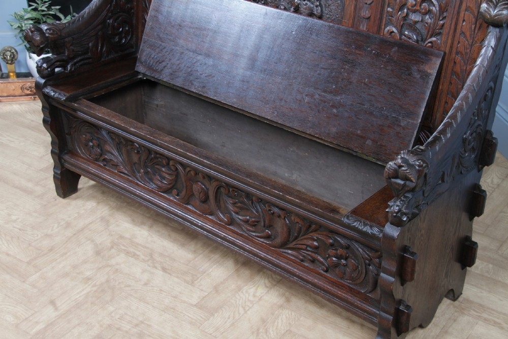 Antique 19th Century Solid Oak Green Man Carved Monks Bench Hall Settle C1890 View IX