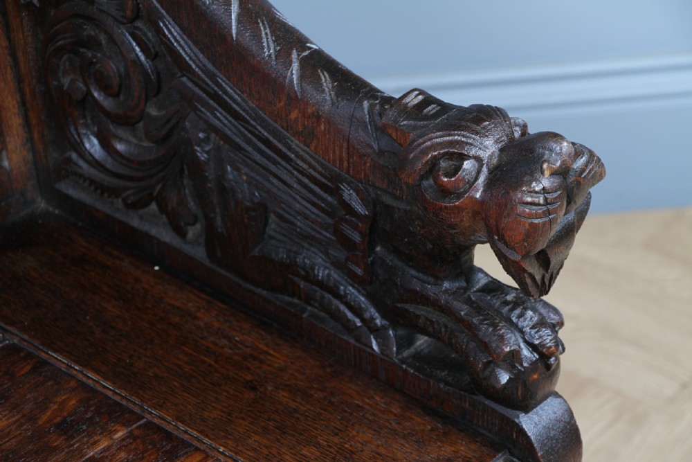 Antique 19th Century Solid Oak Green Man Carved Monks Bench Hall Settle C1890 View X