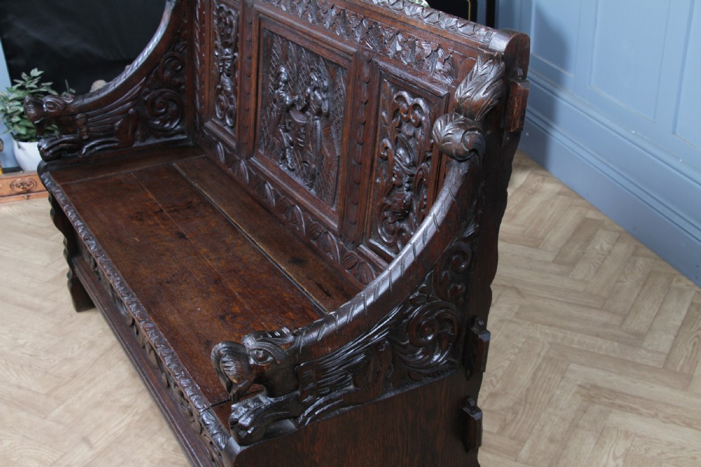 Antique 19th Century Solid Oak Green Man Carved Monks Bench Hall Settle C1890 View XI