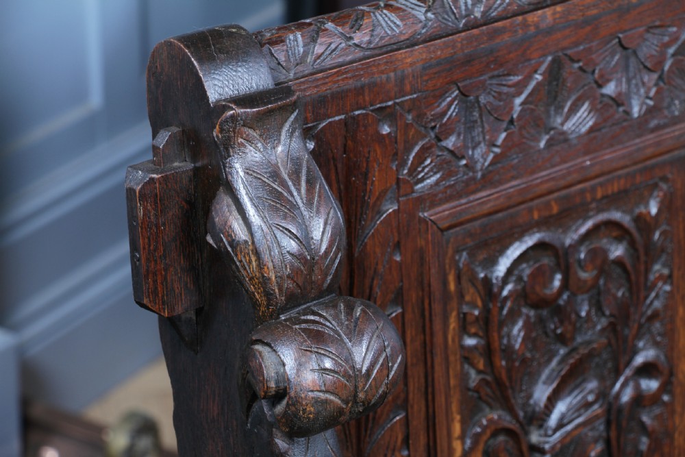 Antique 19th Century Solid Oak Green Man Carved Monks Bench Hall Settle C1890 View XII