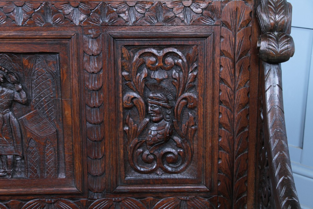 Antique 19th Century Solid Oak Green Man Carved Monks Bench Hall Settle C1890 View XIII