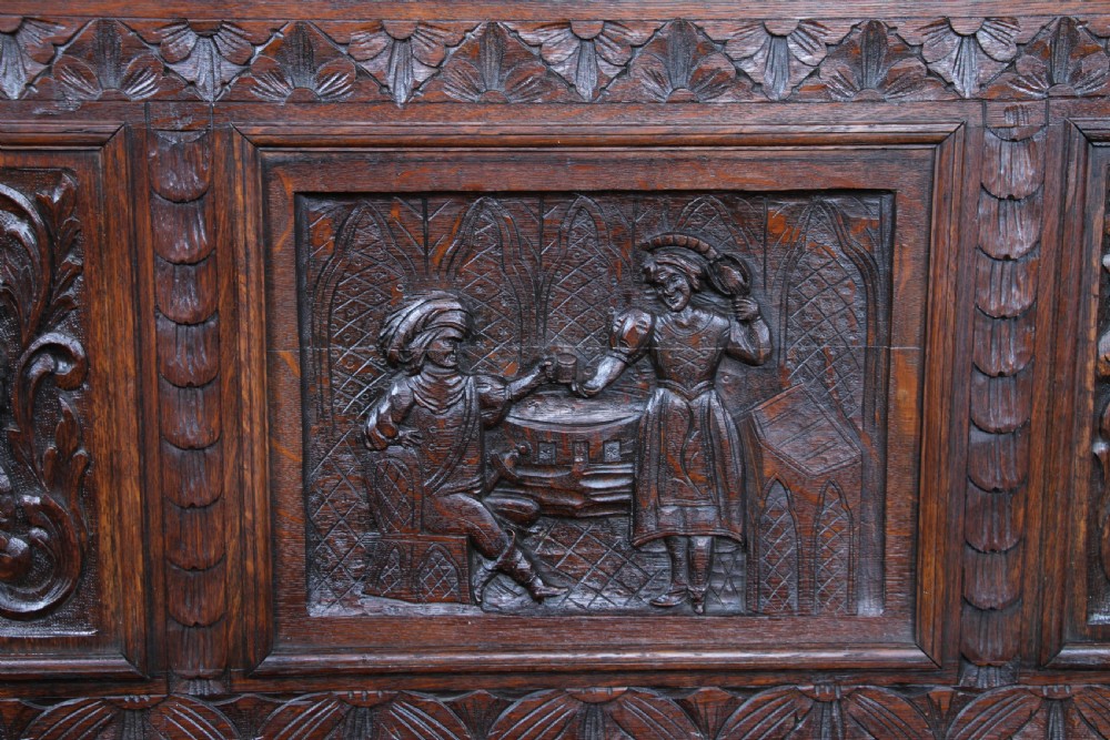 Antique 19th Century Solid Oak Green Man Carved Monks Bench Hall Settle C1890 View XIV