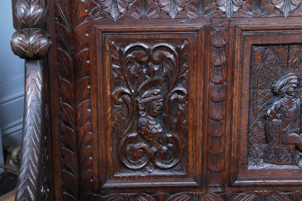 Antique 19th Century Solid Oak Green Man Carved Monks Bench Hall Settle C1890 View XV