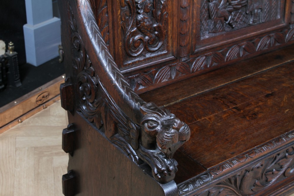 Antique 19th Century Solid Oak Green Man Carved Monks Bench Hall Settle C1890 View XVII