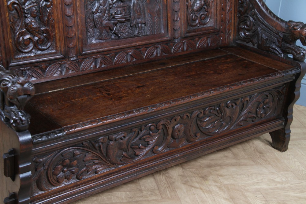 Antique 19th Century Solid Oak Green Man Carved Monks Bench Hall Settle C1890 View XVIII