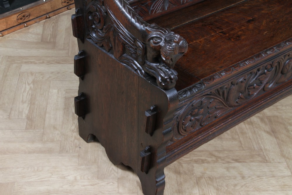 Antique 19th Century Solid Oak Green Man Carved Monks Bench Hall Settle C1890 View XIX