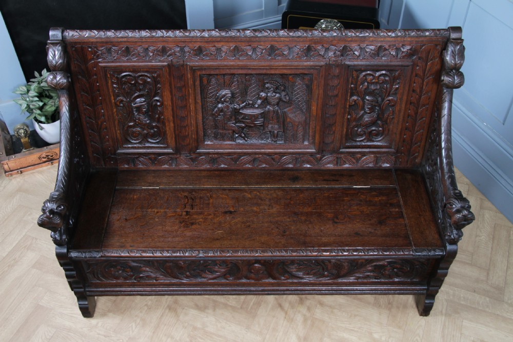Antique 19th Century Solid Oak Green Man Carved Monks Bench Hall Settle C1890 View XX