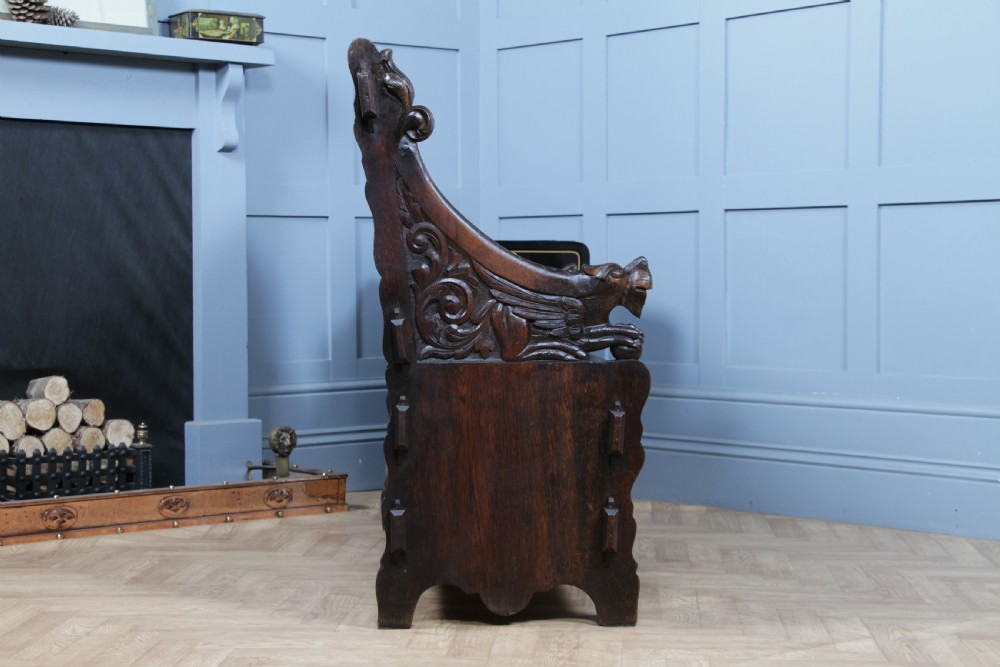 Antique 19th Century Solid Oak Green Man Carved Monks Bench Hall Settle C1890 View XXI