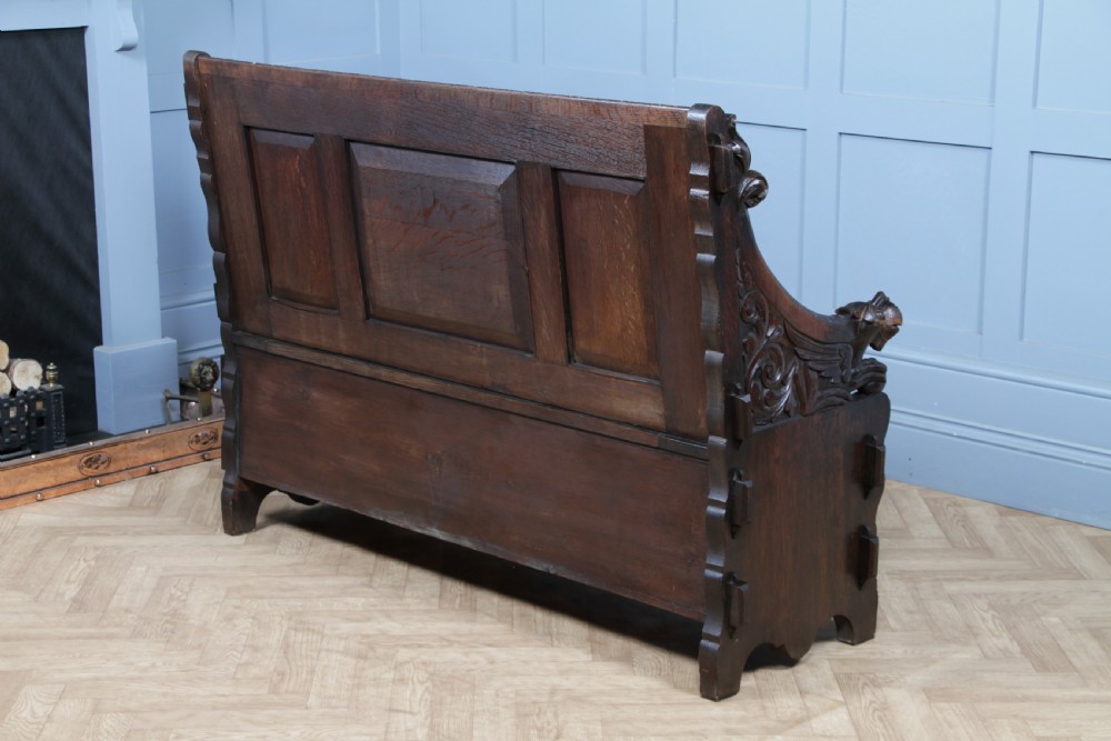 Antique 19th Century Solid Oak Green Man Carved Monks Bench Hall Settle C1890 View XXII