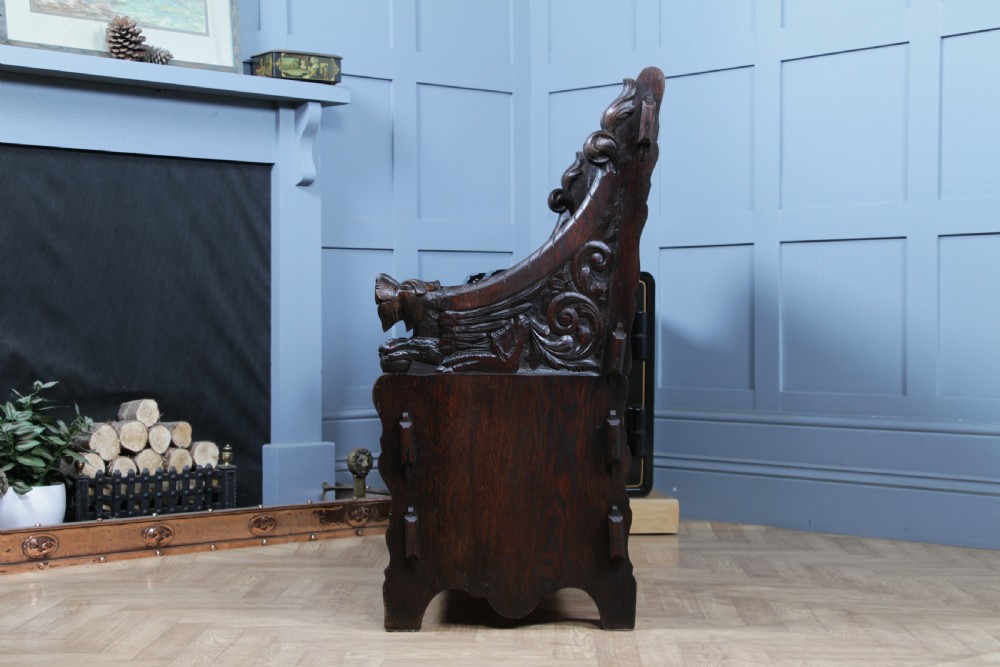 Antique 19th Century Solid Oak Green Man Carved Monks Bench Hall Settle C1890 View XXIV