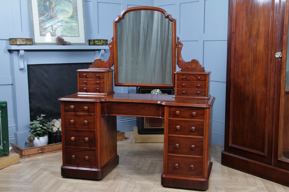 Antique Victorian Mahogany Grand Breakfront Pedestal Dressing Table With Mirror C1870