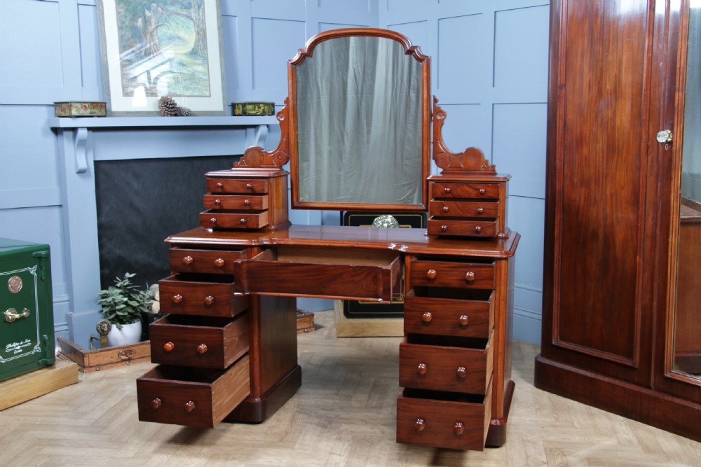 Antique Victorian Mahogany Grand Breakfront Pedestal Dressing Table With Mirror C1870 View II