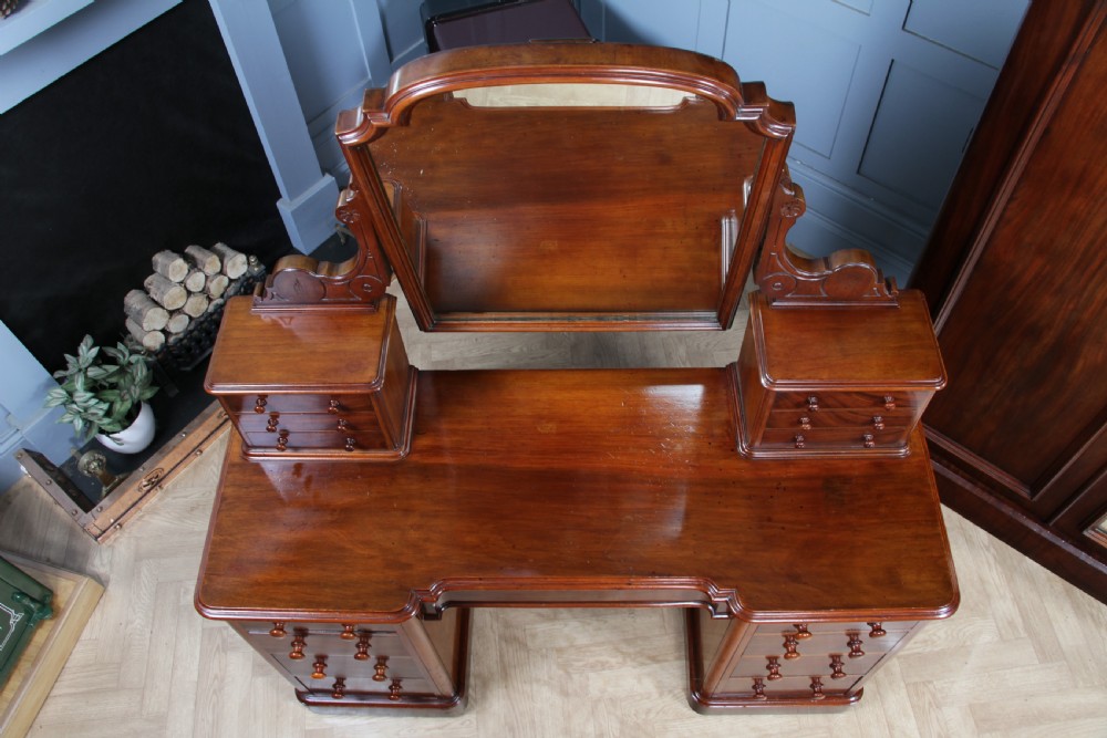 Antique Victorian Mahogany Grand Breakfront Pedestal Dressing Table With Mirror C1870 View III