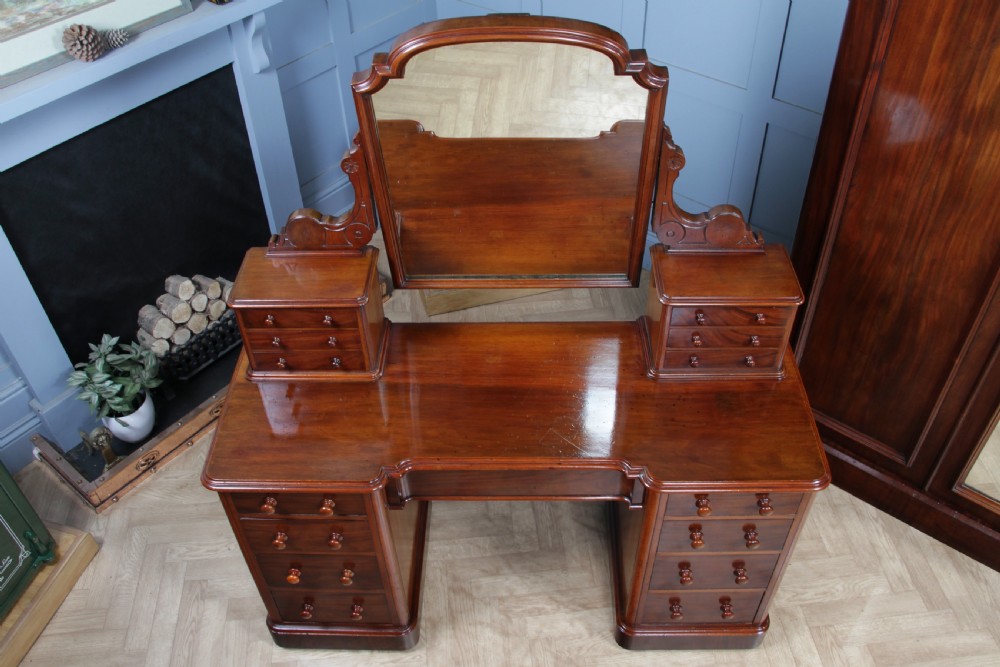 Antique Victorian Mahogany Grand Breakfront Pedestal Dressing Table With Mirror C1870 View IV