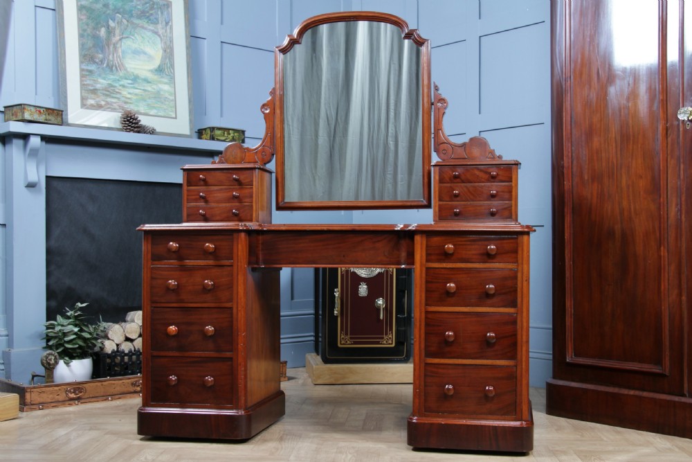 Antique Victorian Mahogany Grand Breakfront Pedestal Dressing Table With Mirror C1870 View V