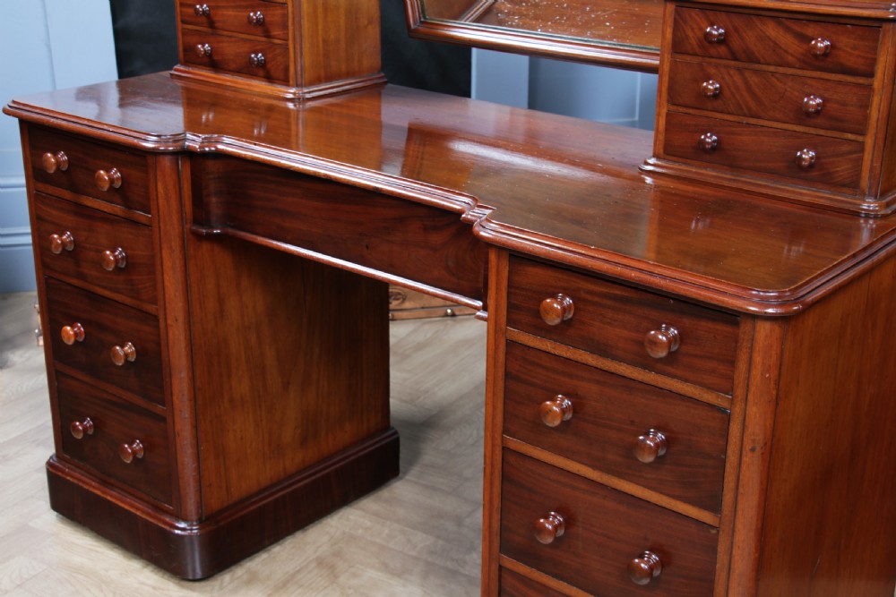 Antique Victorian Mahogany Grand Breakfront Pedestal Dressing Table With Mirror C1870 View VII