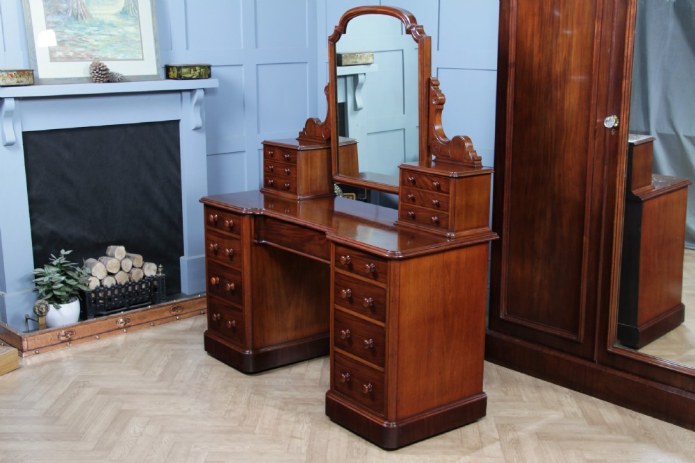 Antique Victorian Mahogany Grand Breakfront Pedestal Dressing Table With Mirror C1870 View VIII