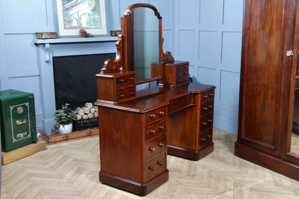 Antique Victorian Mahogany Grand Breakfront Pedestal Dressing Table With Mirror C1870 View IX