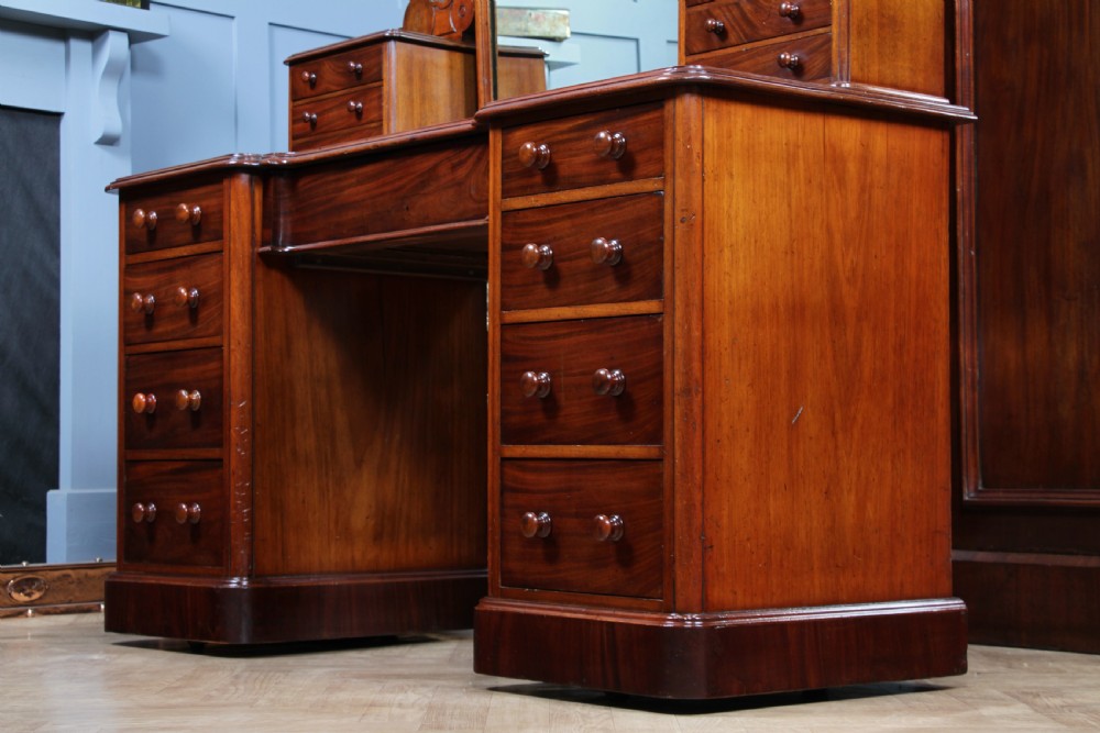 Antique Victorian Mahogany Grand Breakfront Pedestal Dressing Table With Mirror C1870 View X