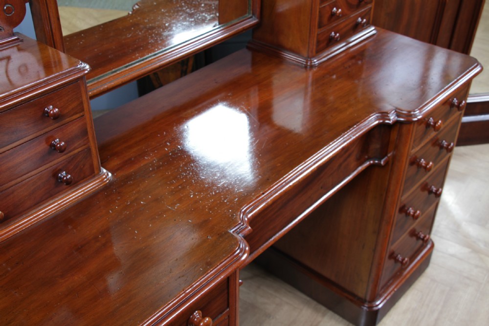 Antique Victorian Mahogany Grand Breakfront Pedestal Dressing Table With Mirror C1870 View XI