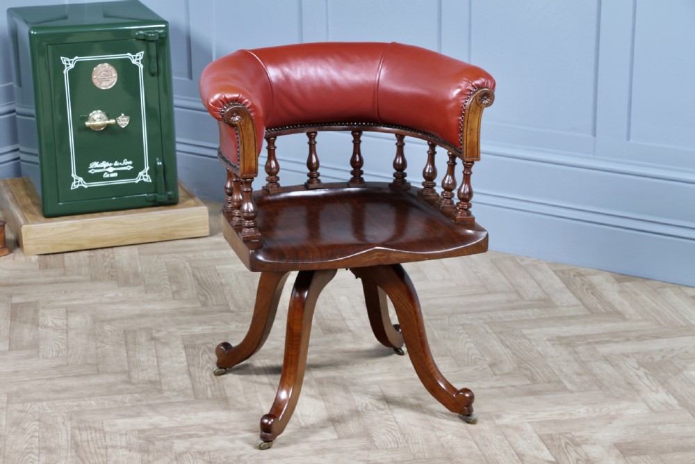 Antique Victorian Walnut Revolving Leather Captains Armchair Library Office  C1880