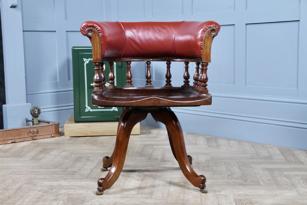 Antique Victorian Walnut Revolving Leather Captains Armchair Library Office  C1880 View II