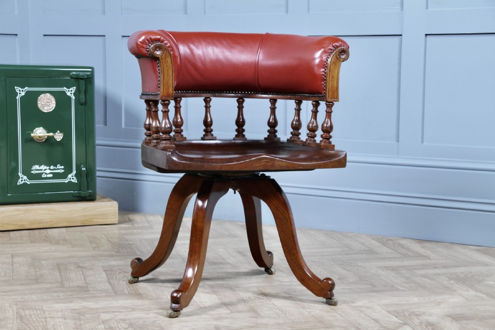 Antique Victorian Walnut Revolving Leather Captains Armchair Library Office  C1880 View V