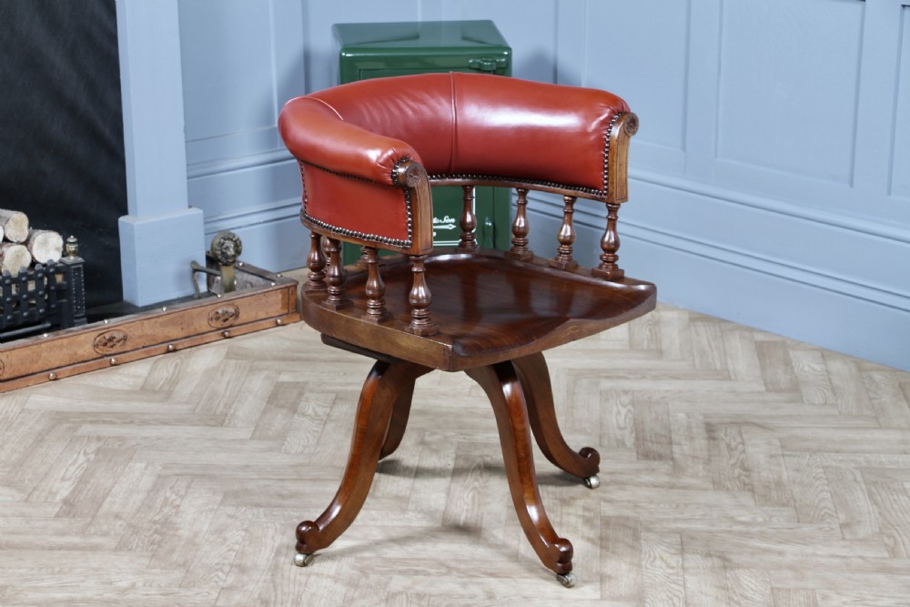 Antique Victorian Walnut Revolving Leather Captains Armchair Library Office  C1880 View XII
