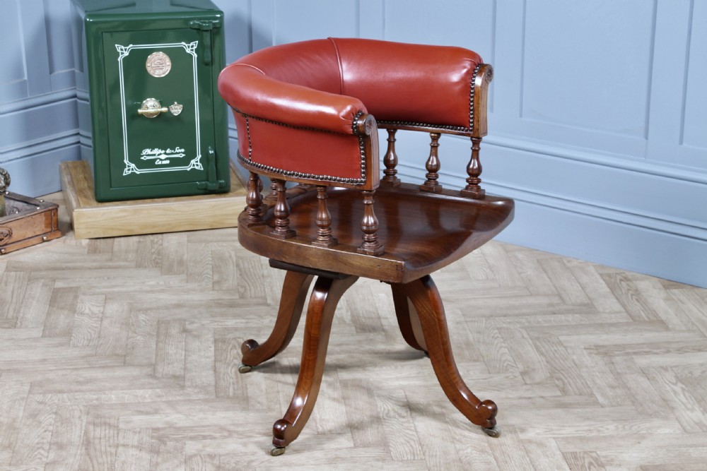 Antique Victorian Walnut Revolving Leather Captains Armchair Library Office  C1880 View XV
