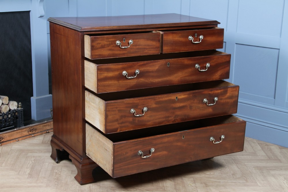 Original Antique Georgian Flame Grain Mahogany Chest Bank of 5 Drawers Restored View II