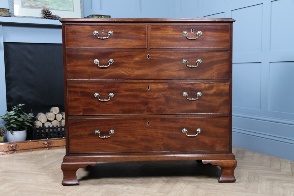 Original Antique Georgian Flame Grain Mahogany Chest Bank of 5 Drawers Restored View III