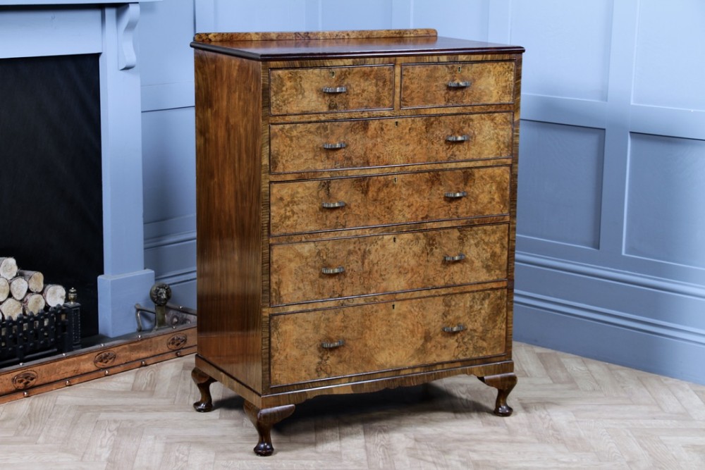 Original Antique 1920's Art Deco Burr Walnut Chest Bank of 6 Drawers Quality
