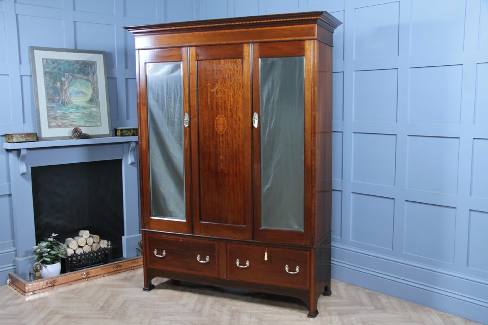 Original Antique Edwardian Inlaid Mahogany Double Wardrobe With Drawers, Mirrors