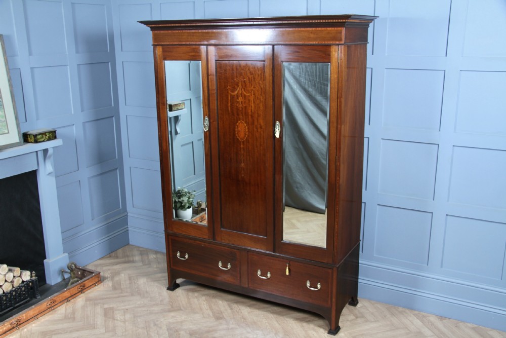 Original Antique Edwardian Inlaid Mahogany Double Wardrobe With Drawers, Mirrors View II