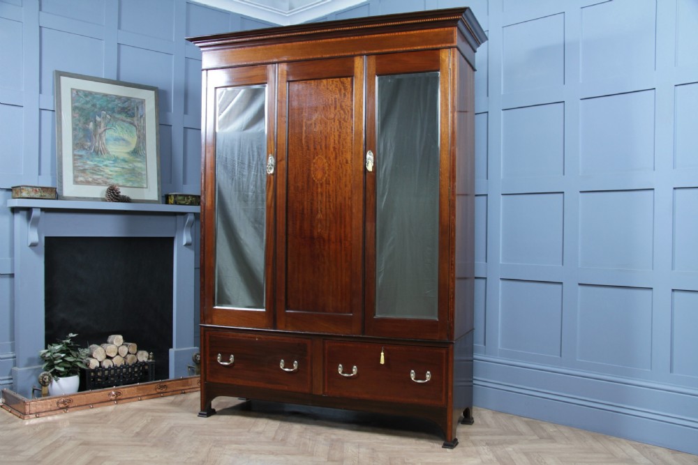 Original Antique Edwardian Inlaid Mahogany Double Wardrobe With Drawers, Mirrors View III