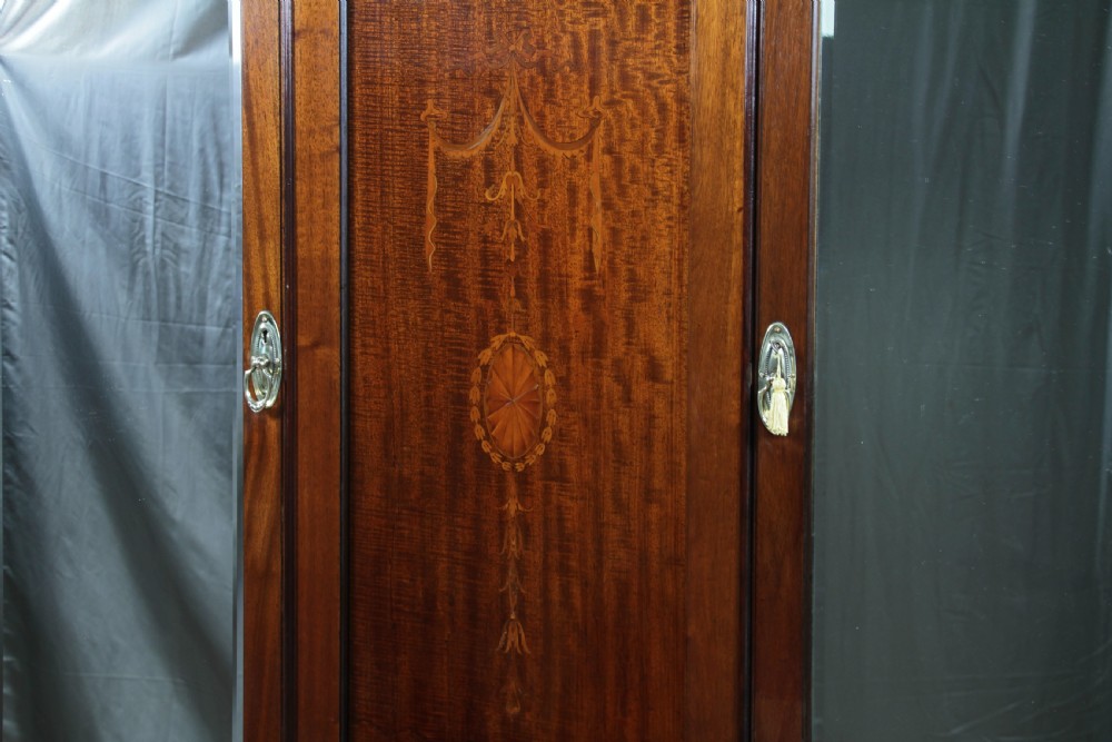 Original Antique Edwardian Inlaid Mahogany Double Wardrobe With Drawers, Mirrors View VI