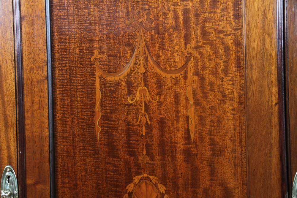 Original Antique Edwardian Inlaid Mahogany Double Wardrobe With Drawers, Mirrors View VII