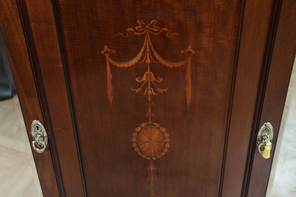 Original Antique Edwardian Inlaid Mahogany Double Wardrobe With Drawers, Mirrors View IX